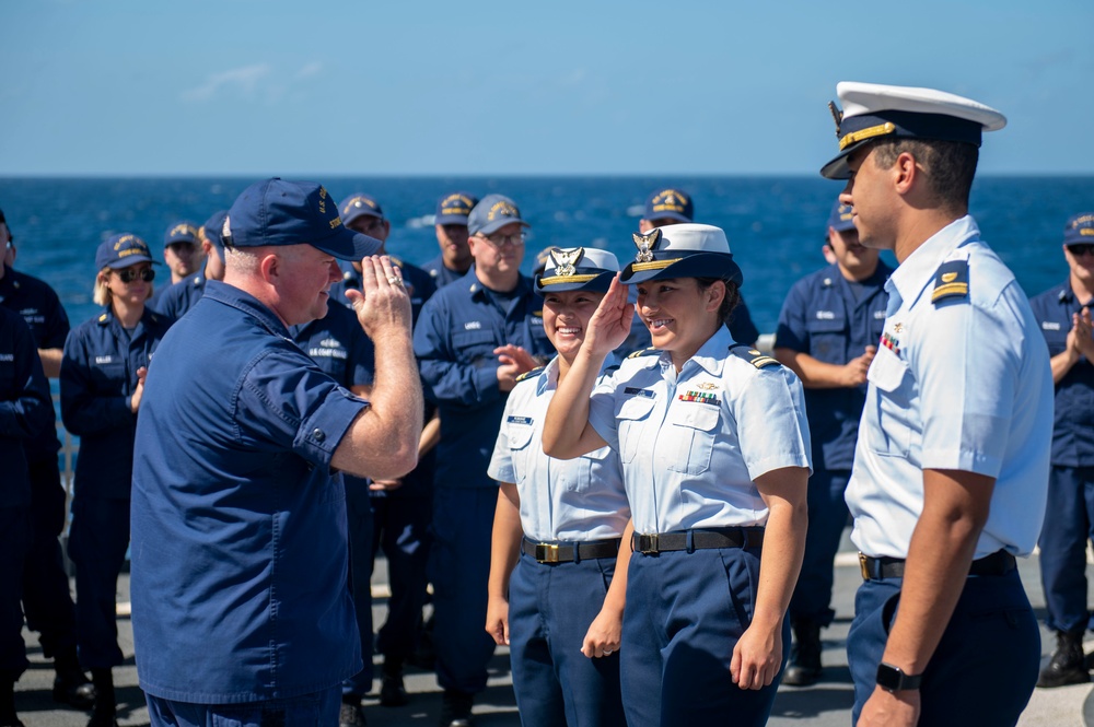 USCGC Stone holds all-hands on flight deck for crew recognitions, promotions