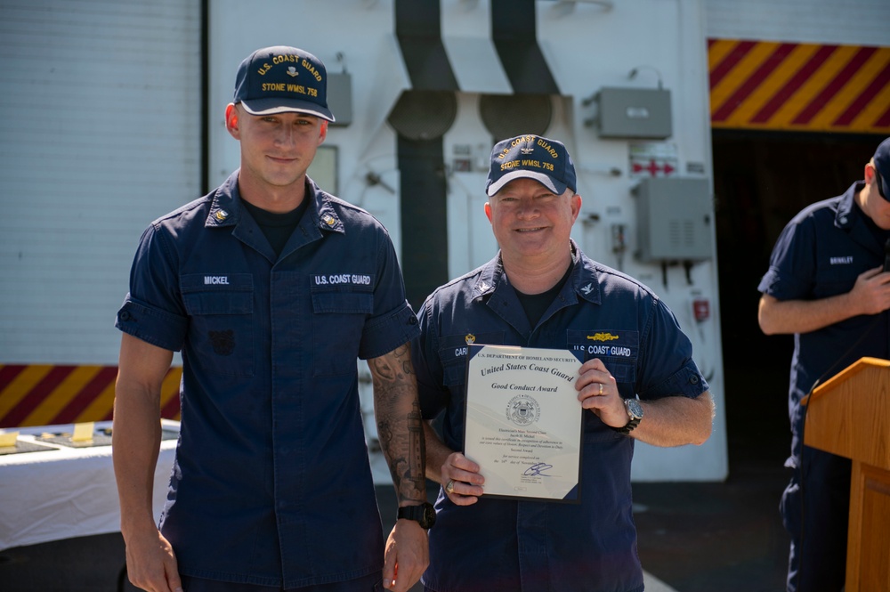 USCGC Stone holds all-hands on flight deck for crew recognitions, promotions