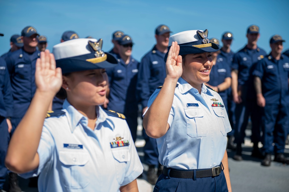 USCGC Stone holds all-hands on flight deck for crew recognitions, promotions