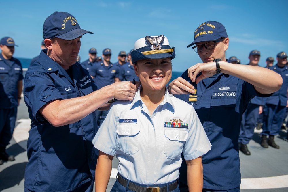 USCGC Stone holds all-hands on flight deck for crew recognitions, promotions