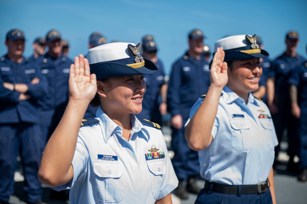 USCGC Stone holds all-hands on flight deck for crew recognitions, promotions