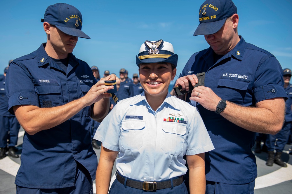 USCGC Stone holds all-hands on flight deck for crew recognitions, promotions