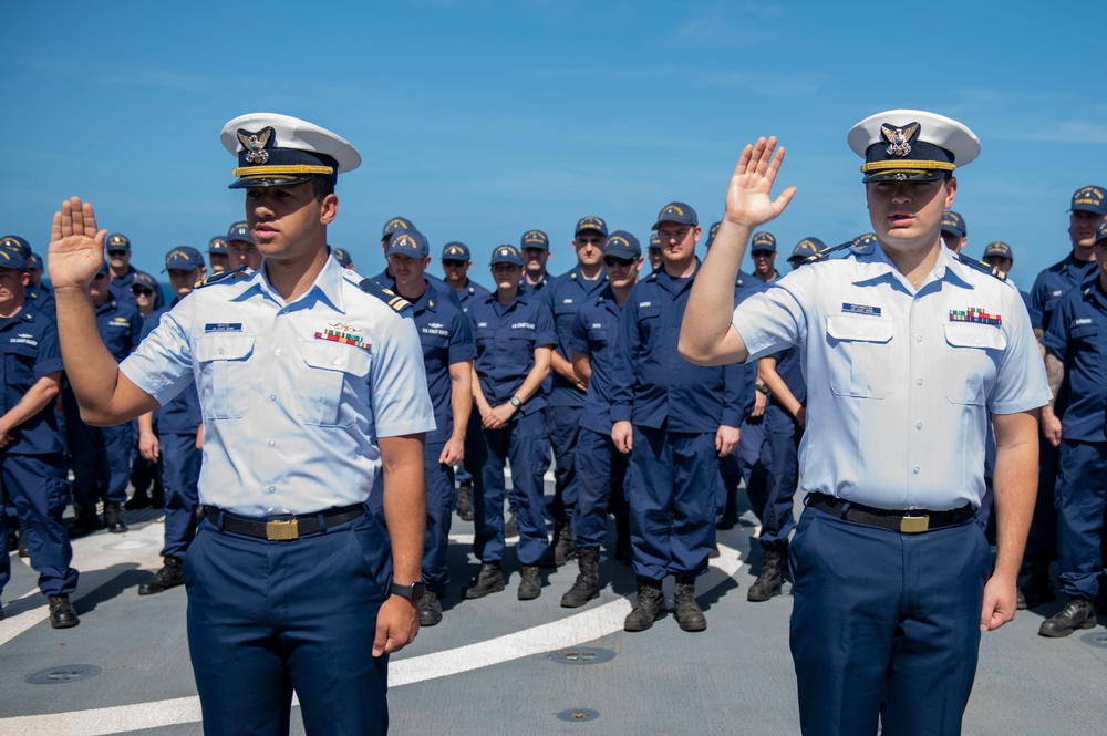 USCGC Stone holds all-hands on flight deck for crew recognitions, promotions