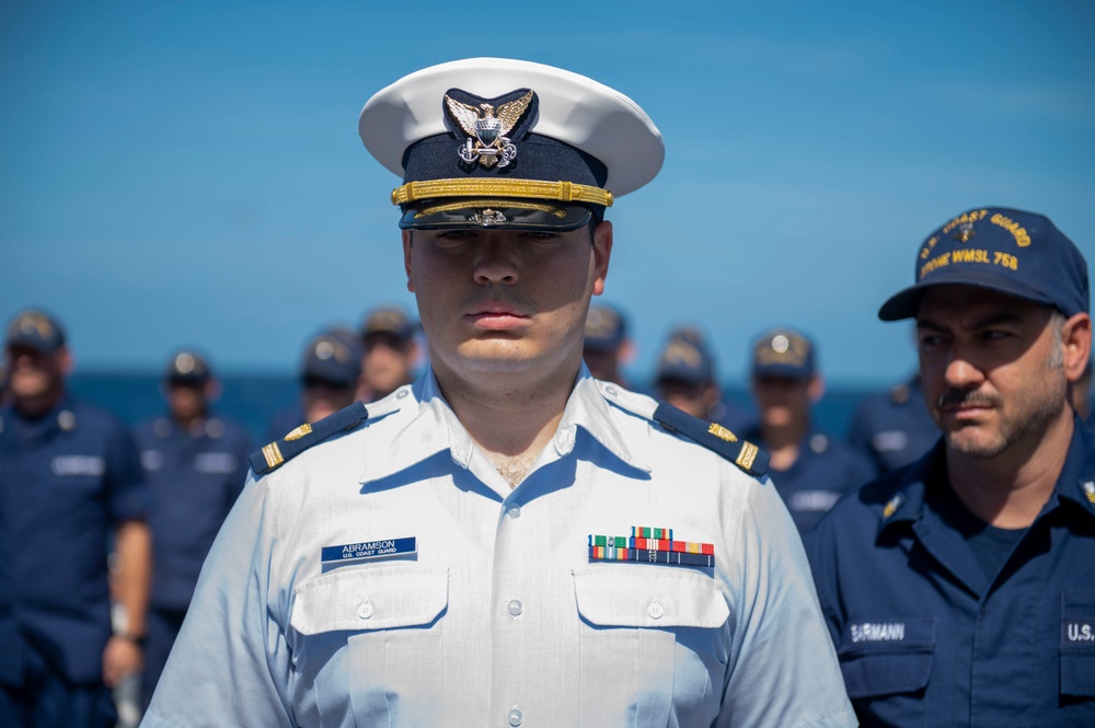 USCGC Stone holds all-hands on flight deck for crew recognitions, promotions