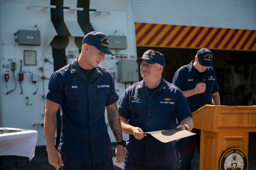 USCGC Stone holds all-hands on flight deck for crew recognitions, promotions