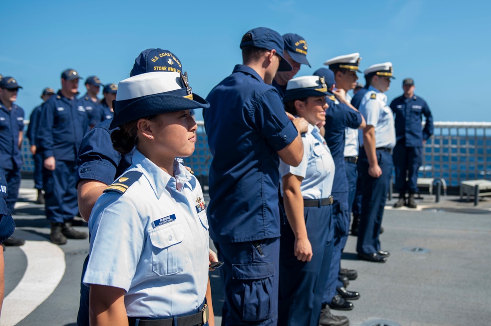 USCGC Stone holds all-hands on flight deck for crew recognitions, promotions