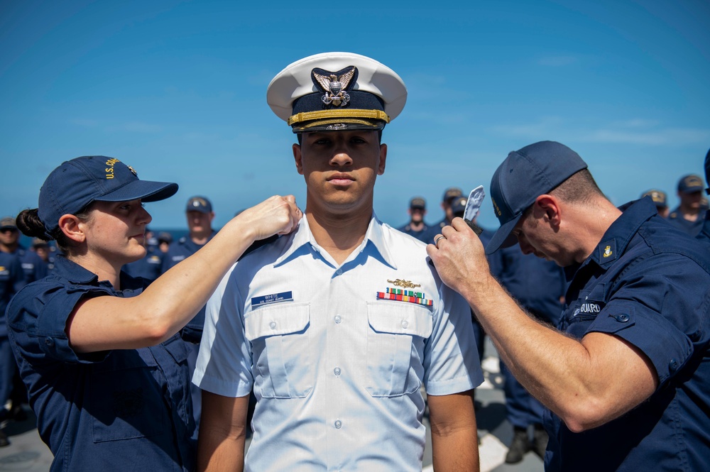 USCGC Stone holds all-hands on flight deck for crew recognitions, promotions