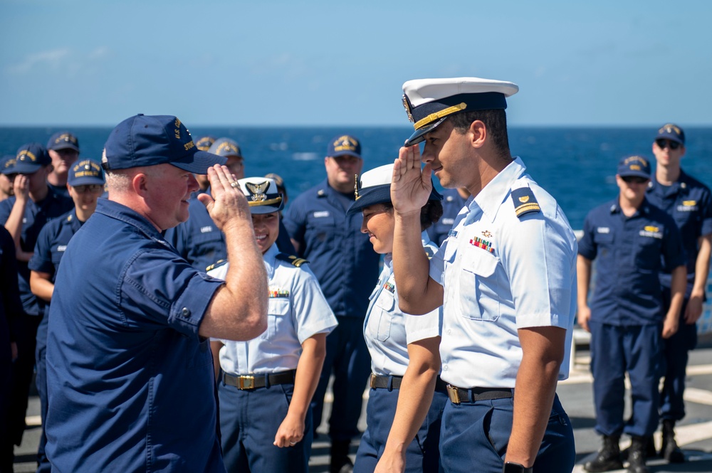 USCGC Stone holds all-hands on flight deck for crew recognitions, promotions