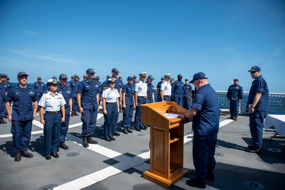 USCGC Stone holds all-hands on flight deck for crew recognitions, promotions