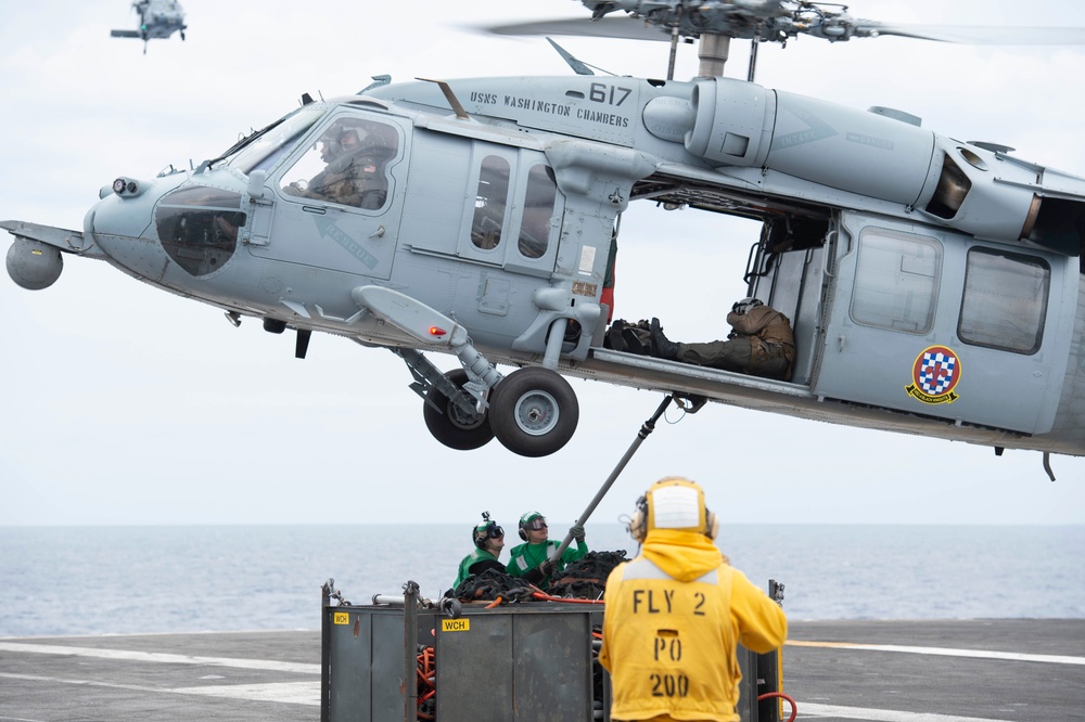 USS Carl Vinson (CVN 70) Conducts VERTREP with USNS Washington Chambers (T-AKE 11)