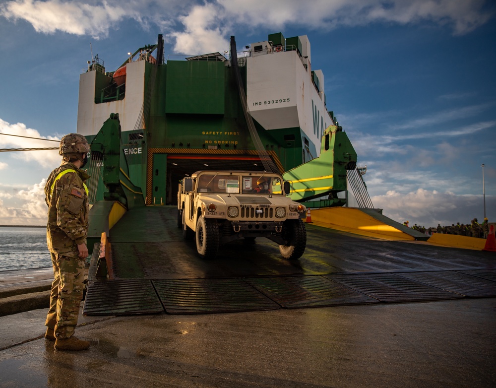 1st Air Cavalry Brigade unloads equipment at the port of Alexandroupoli, Greece