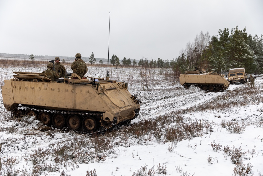 Soldiers with the 3rd Battalion, 66th Armored Regiment conduct direct fire using 120mm mortars at Camp Ādaži, Latvia, during Winter Shield 2021