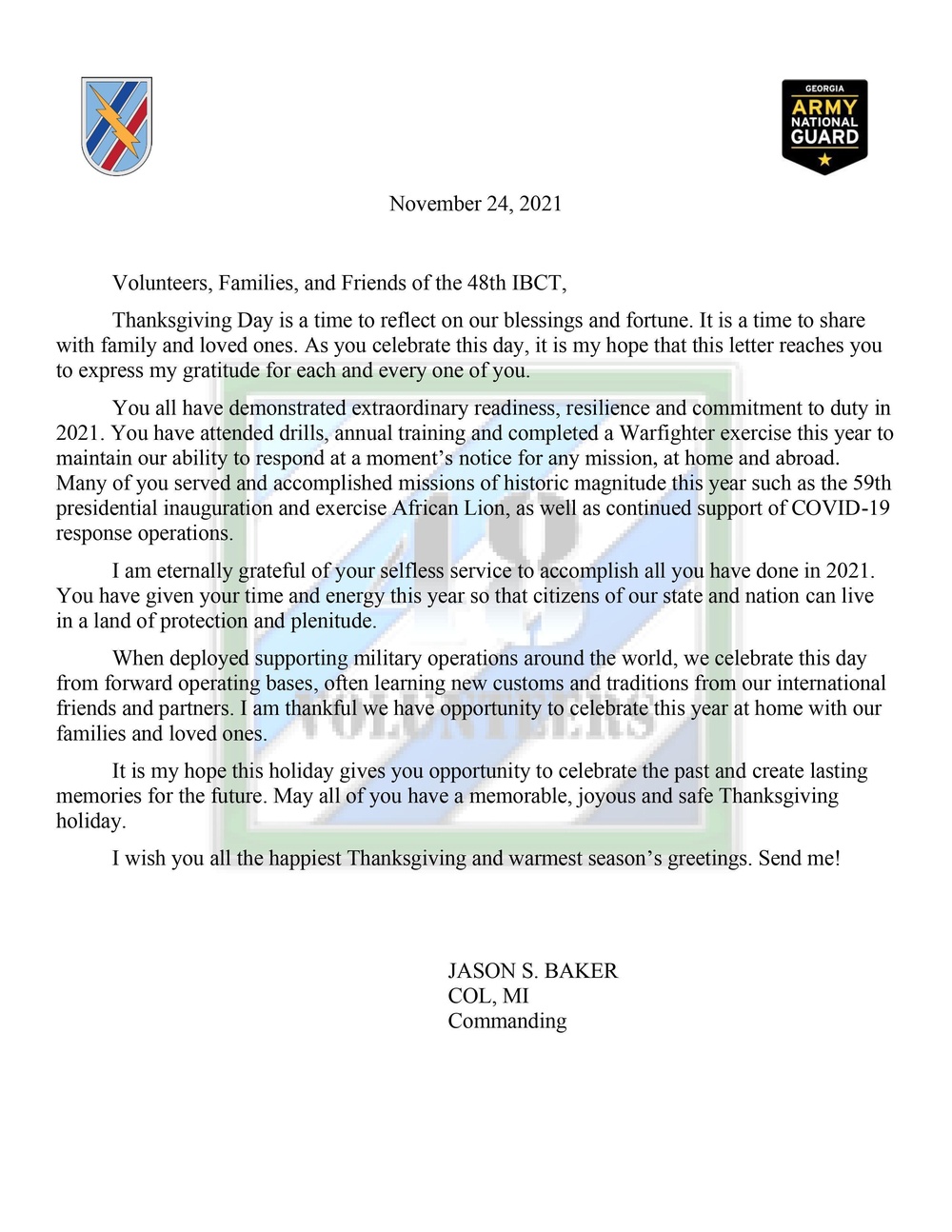 48th IBCT Commander Thanksgiving Letter