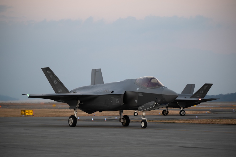 F-35A Lightning IIs from Eielson AFB arrive at Iwakuni in support of Operation IRON DAGGER