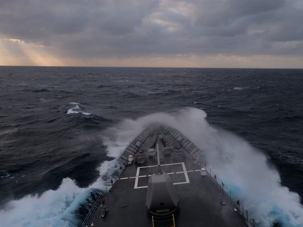 USS Lake Champlain conducts operations in the rough waters of the Philippine Sea