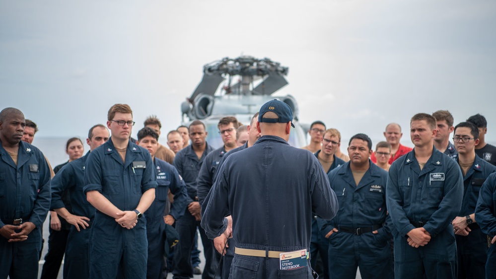 USS Charleston CO Speaks during an All Hands Call