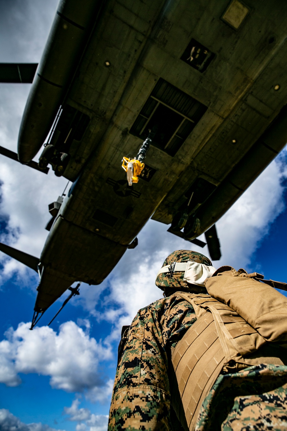 U.S. Marines with 3d LSB and VMM-265 execute external lifts at Jungle Warfare Training Center
