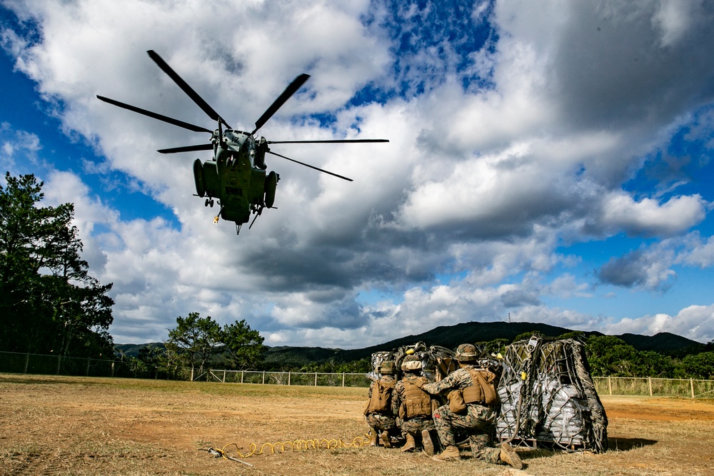 U.S. Marines with 3d LSB and VMM-265 execute external lifts at Jungle Warfare Training Center