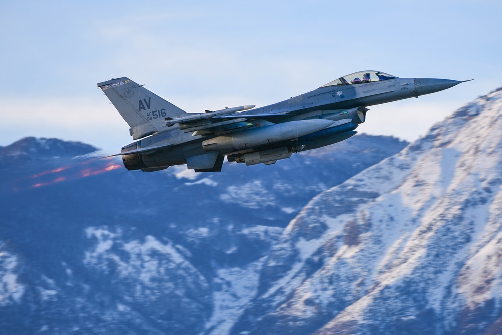 DVIDS - Images - F-16s take off above snowy mountains [Image 1 of 5]