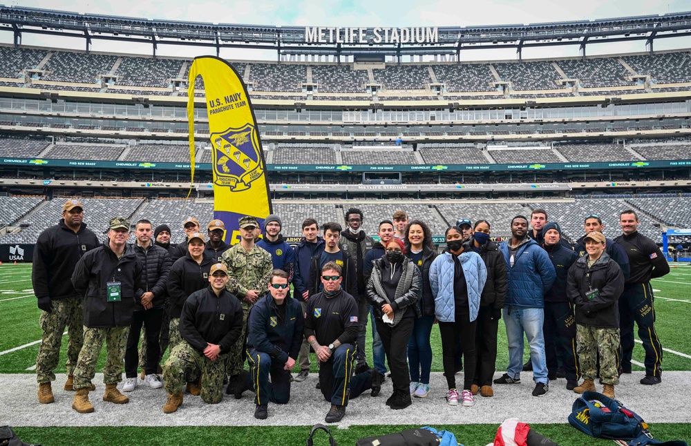 The Leap Frogs demo jump in preparations for the Army-Navy football game