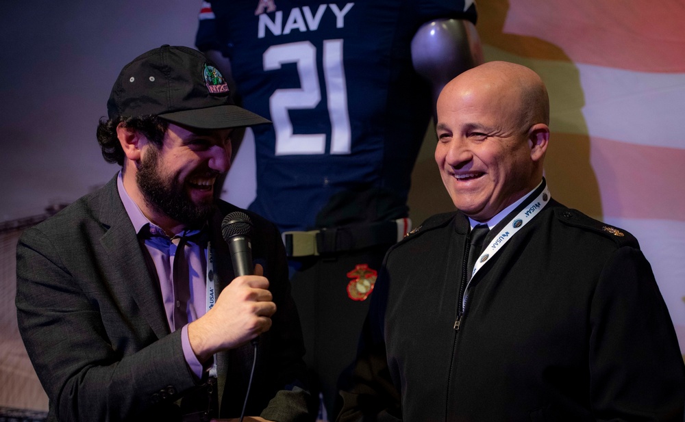 MCPON Russell Smith interviews with reporters for 2021 Army-Navy football game