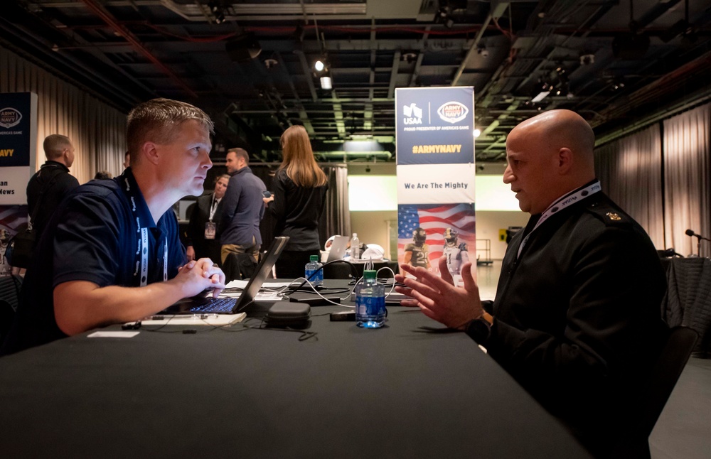 MCPON Russell Smith interviews with reporters for 2021 Army-Navy football game