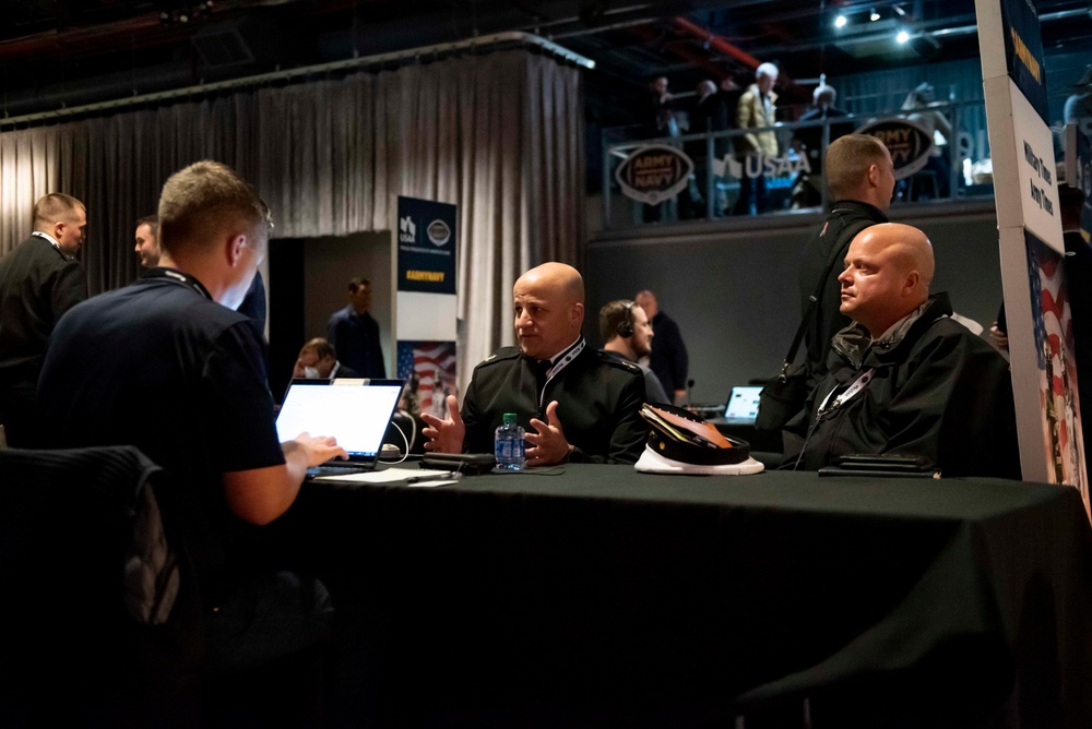 MCPON Russell Smith interviews with reporters for 2021 Army-Navy football game