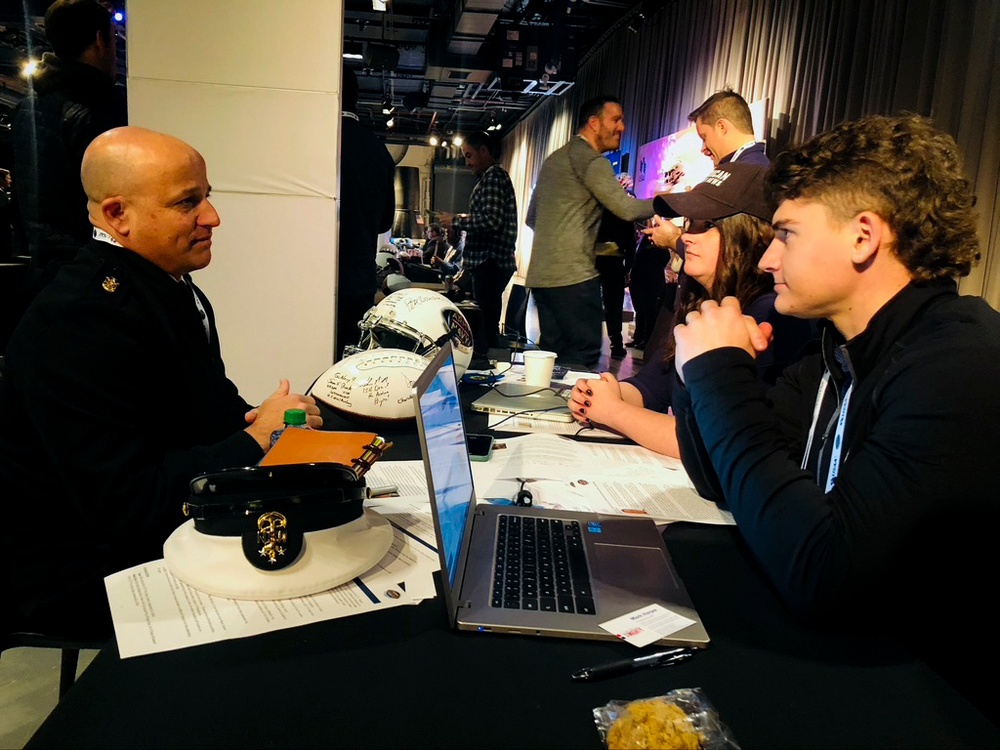 MCPON Russell Smith interviews with reporters for 2021 Army-Navy football game