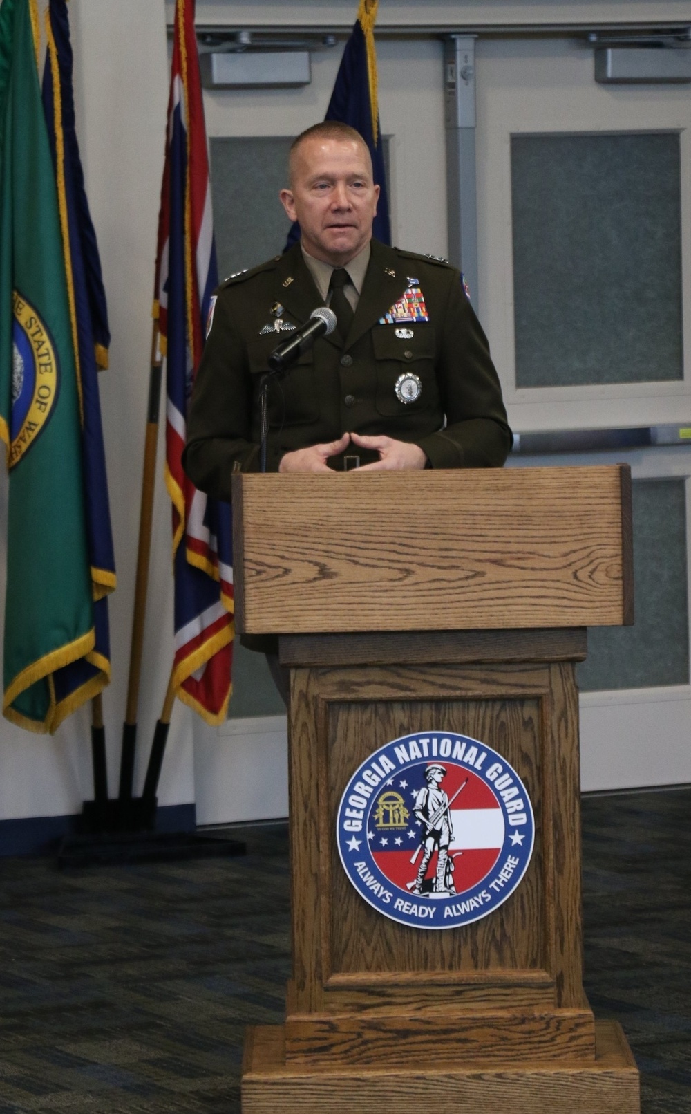 The Adjutant General of Georgia speaks during The NG birthday