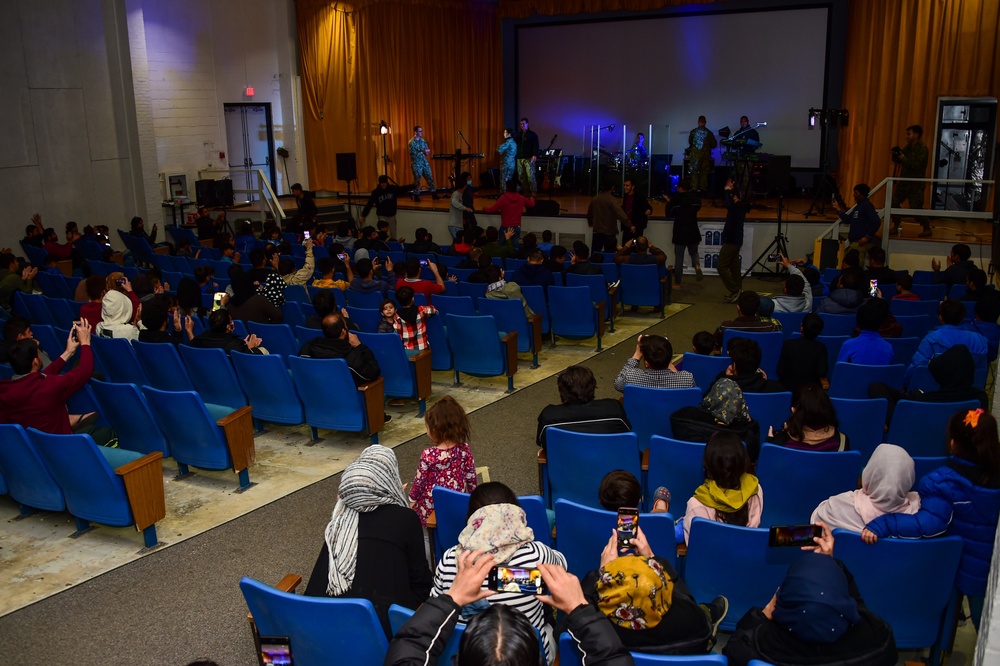 U.S. Fleet Forces Band Plays for Afghans Evacuees at Fort Pickett