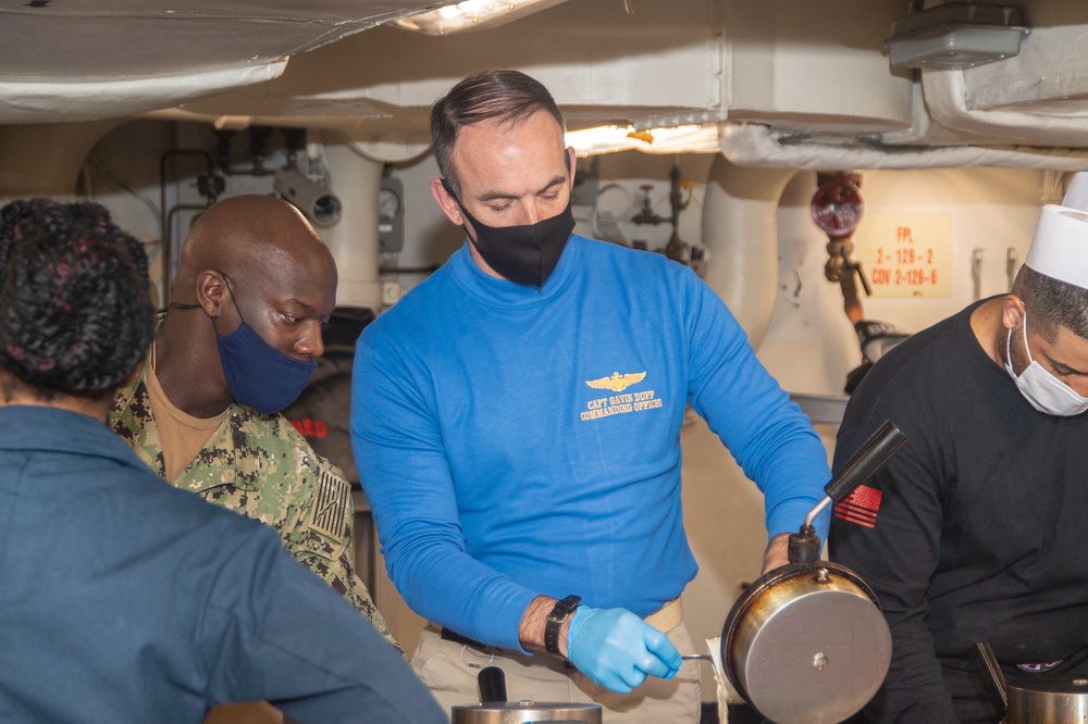 Truman is operating as part of the Harry S. Truman Carrier Strike Group  in the Atlantic Ocean in support of naval operations to maintain maritime stability and security.