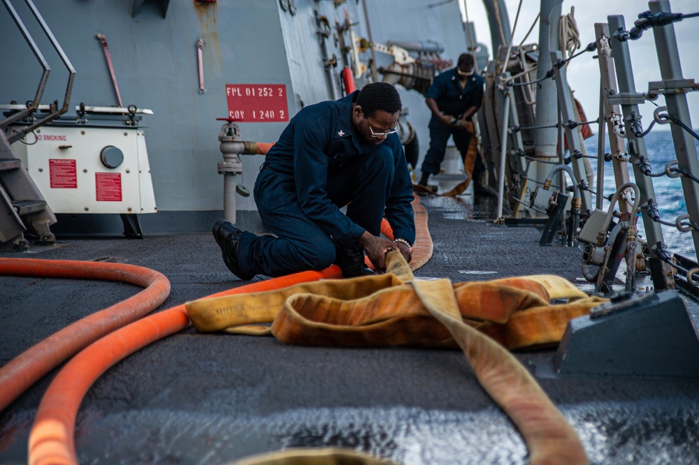 Jason Dunham is operating as part of the Harry S. Truman Carrier Strike Group  in the Atlantic Ocean in support of naval operations to maintain maritime stability and security.
