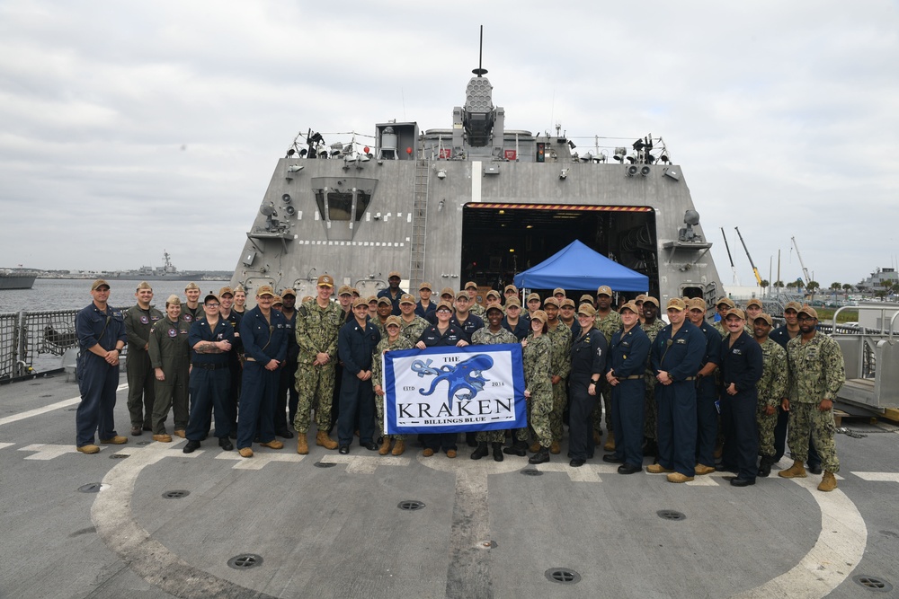 Commander of U.S. Naval Forces Southern Command/U.S. 4th Fleet Poses for a Group Photo with USS Billings Sailors Prior to Deployment