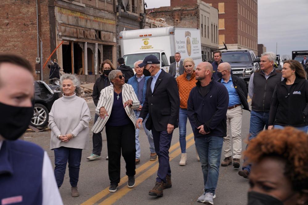 President Joe Biden tours downtown Mayfield after Tornado Damage