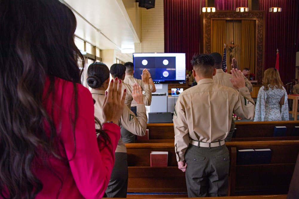 U.S. Marines conduct a naturalization ceremony on Camp Foster