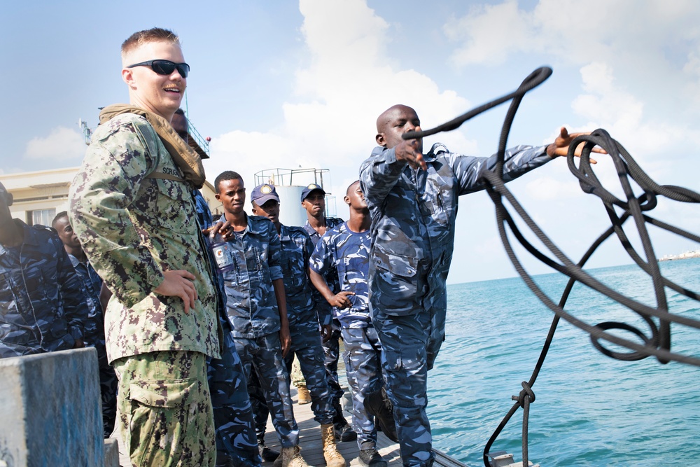 Djiboutian Navy recruits participate in a six-week professional maritime orientation course with Maritime Expeditionary Security Squadron 10