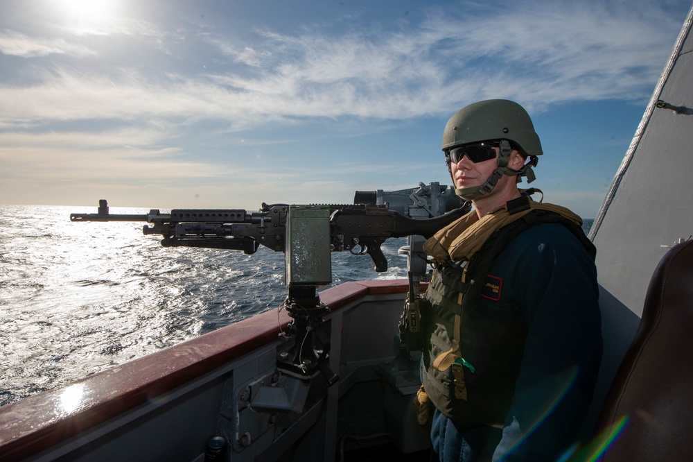 Jason Dunham is operating as part of the Harry S. Truman Carrier Strike Group in the Atlantic Ocean in support of naval operations to maintain maritime stability and security.
