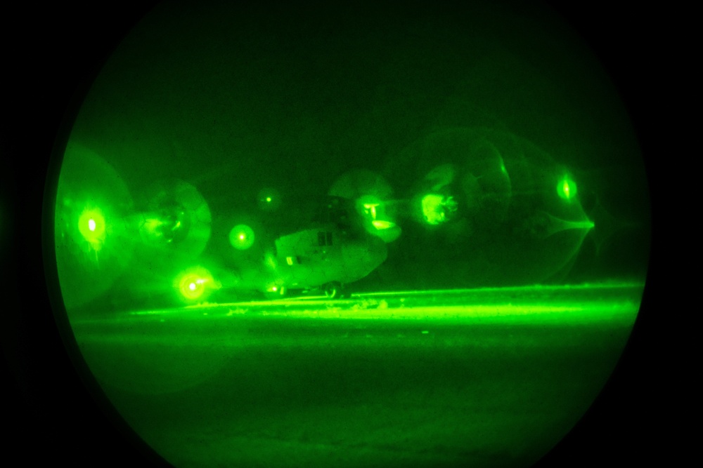 Illinois Air National Guard lands C-130 at night