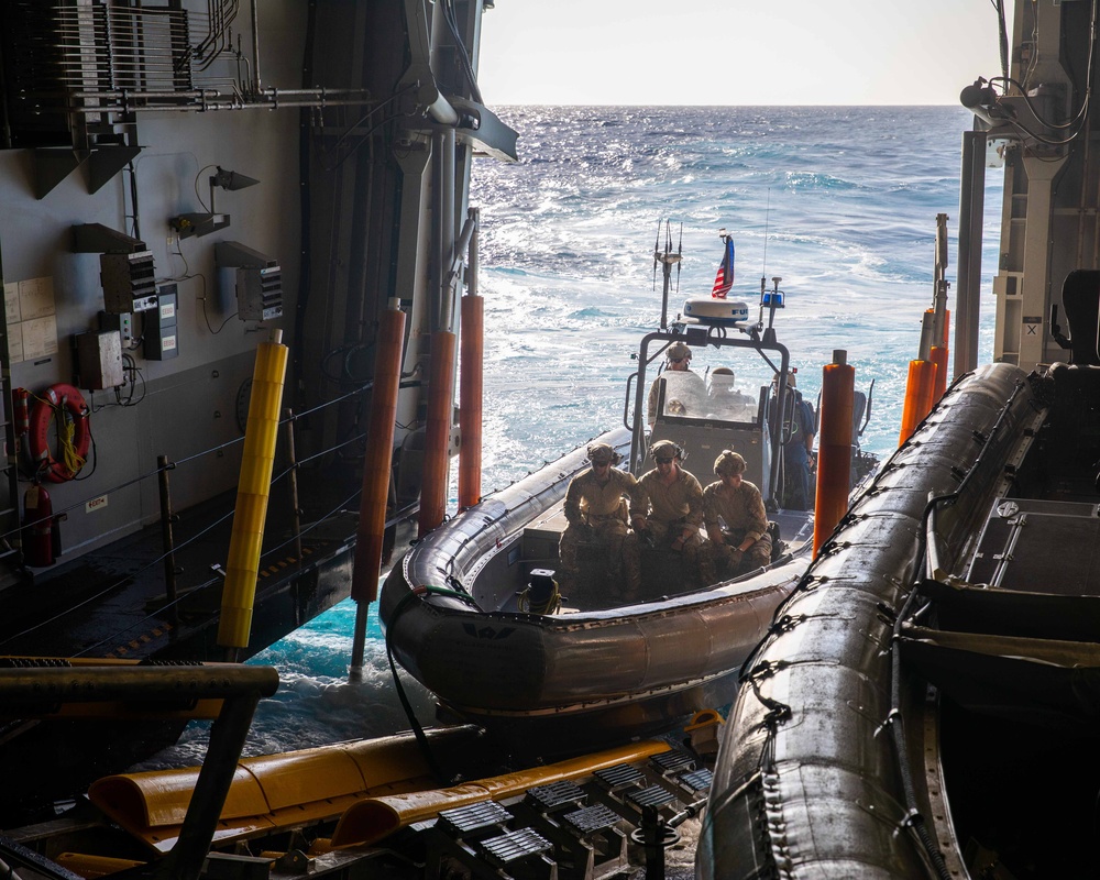 Coast Guardsmen and Sailors Assigned to USS Billings Launch a RHIB Boat