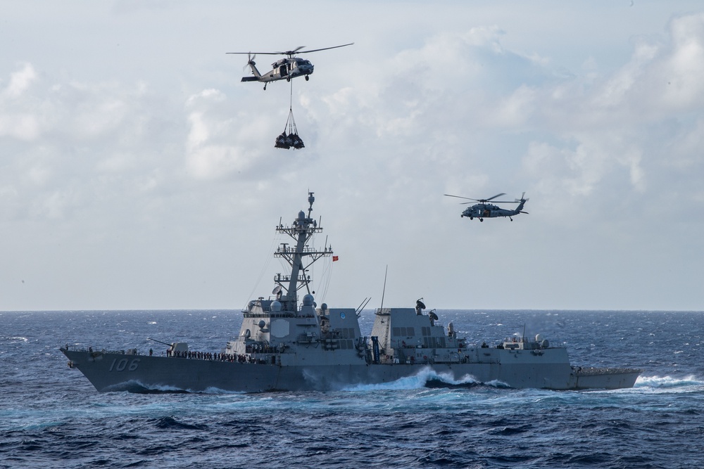 USS Carl Vinson (CVN 70) Conducts A Vertical Replenishment-at-Sea with USNS Carl Brashear (T-AKE 7)