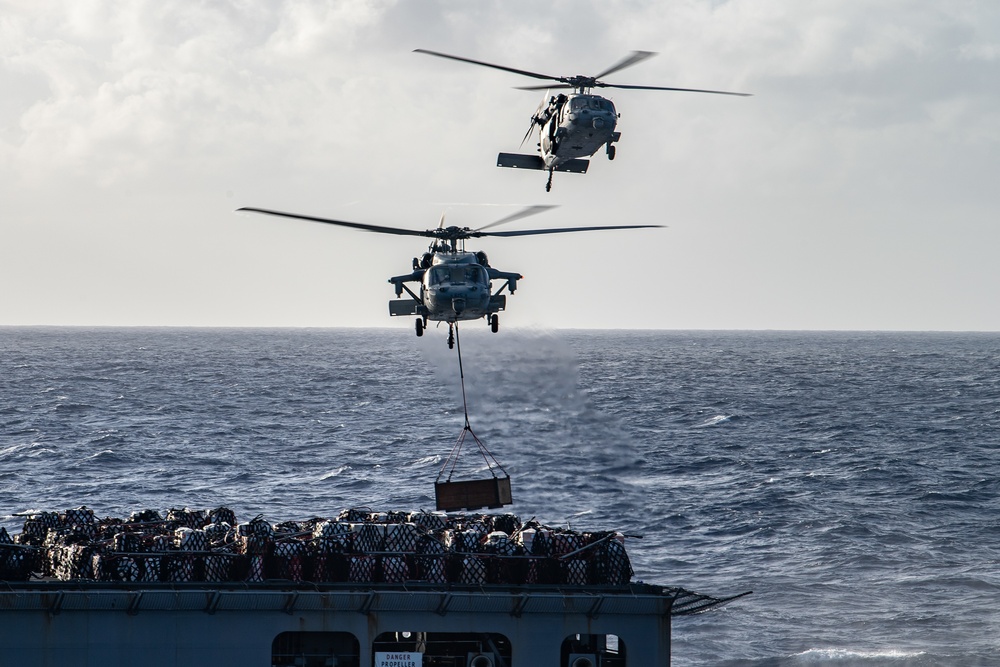 USS Carl Vinson (CVN 70) Conducts A Vertical Replenishment-at-Sea with USNS Carl Brashear (T-AKE 7)