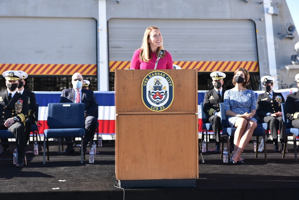 The Honorable Meredith Berger delivers remarks during a commissioning celebration for USS Kansas City (LCS 22)