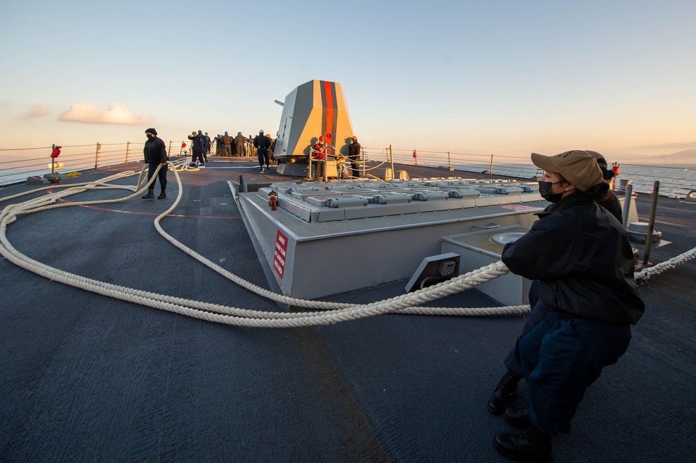 Jason Dunham is operating as part of the Harry S. Truman Carrier Strike Group and is on a scheduled deployment in the U.S. Sixth Fleet area of operations in support of naval operations to maintain maritime security.