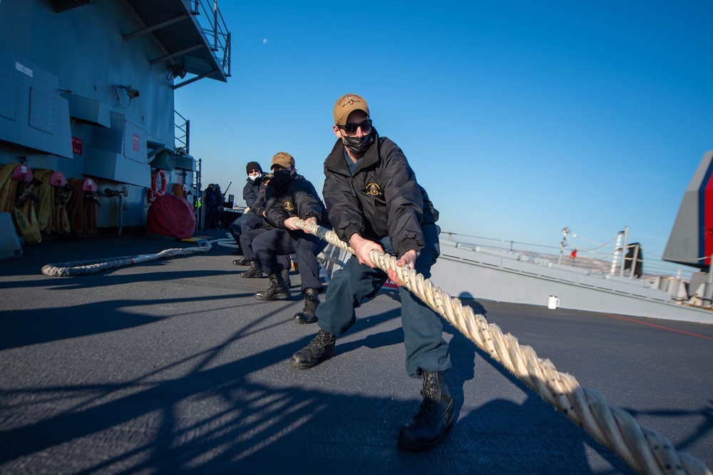 Jason Dunham is operating as part of the Harry S. Truman Carrier Strike Group and is on a scheduled deployment in the U.S. Sixth Fleet area of operations in support of naval operations to maintain maritime security.