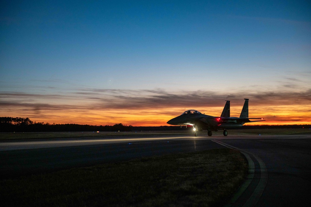 F-15 Strike Eagle sunset take off