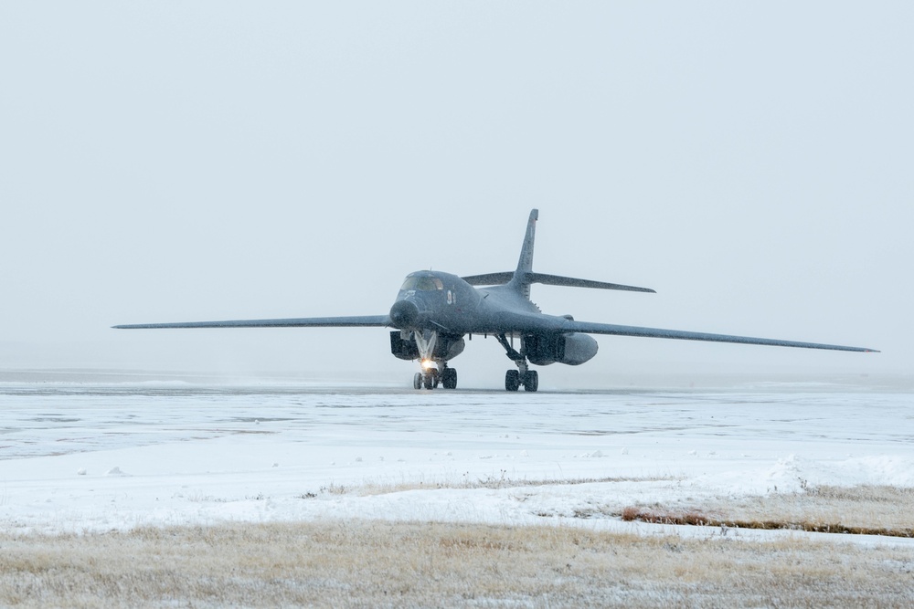 B-1B Lancers perform a Bomber Task Force mission