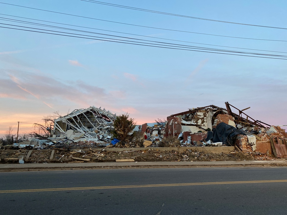 Downtown Mayfield, Kentucky, is Scattered with Debris Following the Recent Tornadoes