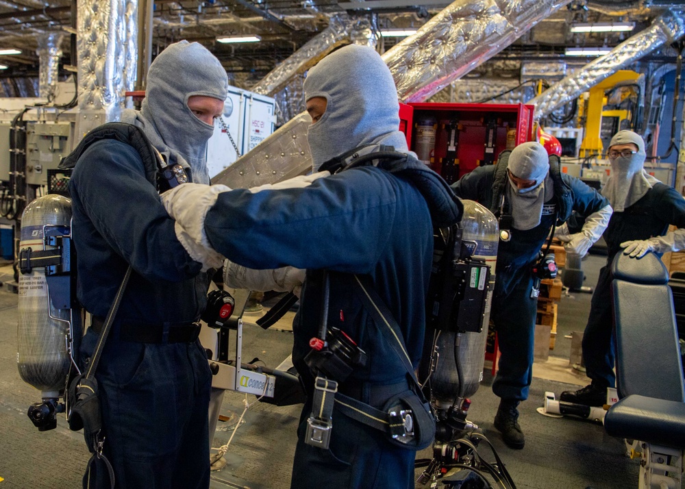 USS Charleston Sailors Participate in Simulated Firefighting Exercise