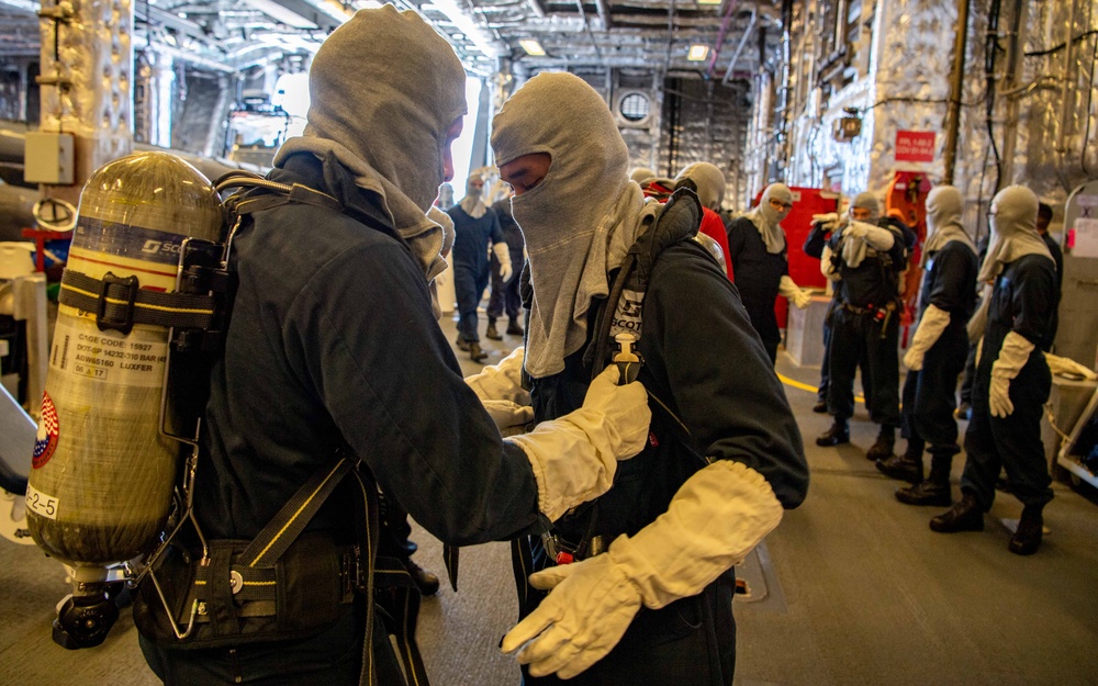 USS Charleston Sailors Participate in Simulated Firefighting Exercise