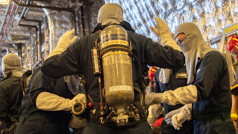 USS Charleston Sailors Participate in Simulated Firefighting Exercise